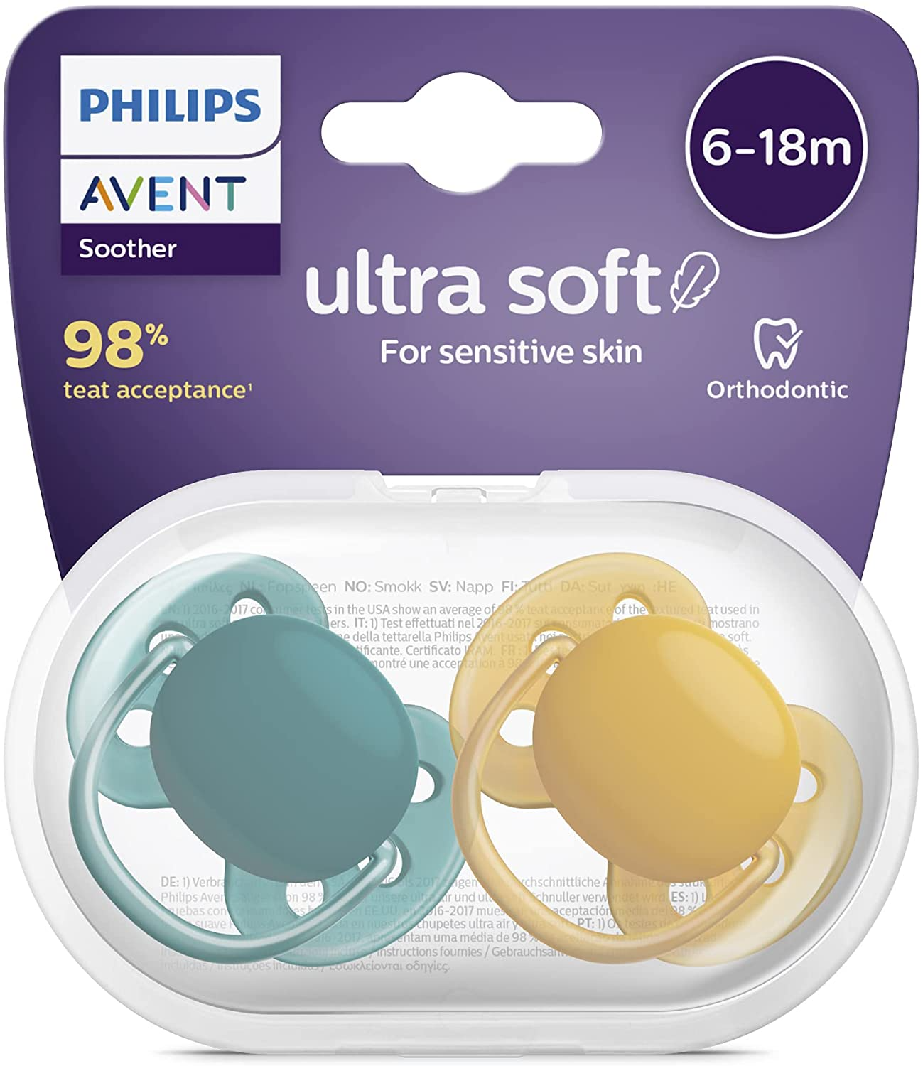 Philips Avent Pacote com 2 chupetas ultramacias - chupeta sem BPA para bebês de 6 a 18 meses (modelo SCF091/04)