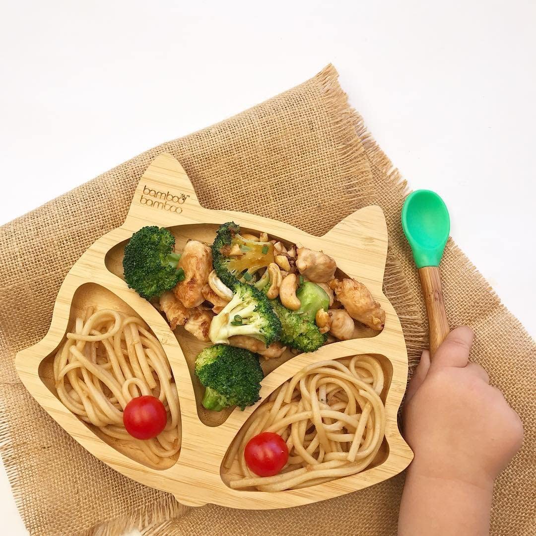 bamboo bamboo Placa de Bambu para Bebês – Crianças e Crianças com Ventosa para Bebês | Não Tóxico | Legal ao toque | Ideal para Baby-Led Weaning (Fox, Verde)