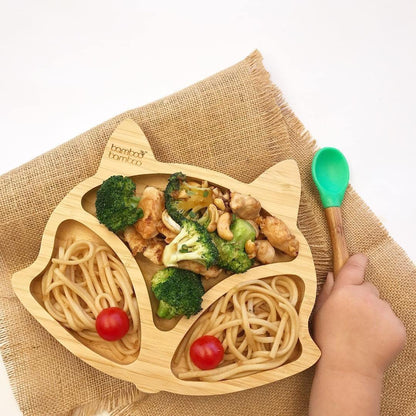 bamboo bamboo Placa de Bambu para Bebês – Crianças e Crianças com Ventosa para Bebês | Não Tóxico | Legal ao toque | Ideal para Baby-Led Weaning (Fox, Verde)