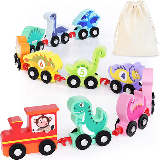 HELLOWOOD - Brinquedo Educativo Trem de Dinossauro de Madeira - 0-10 Números - 2+