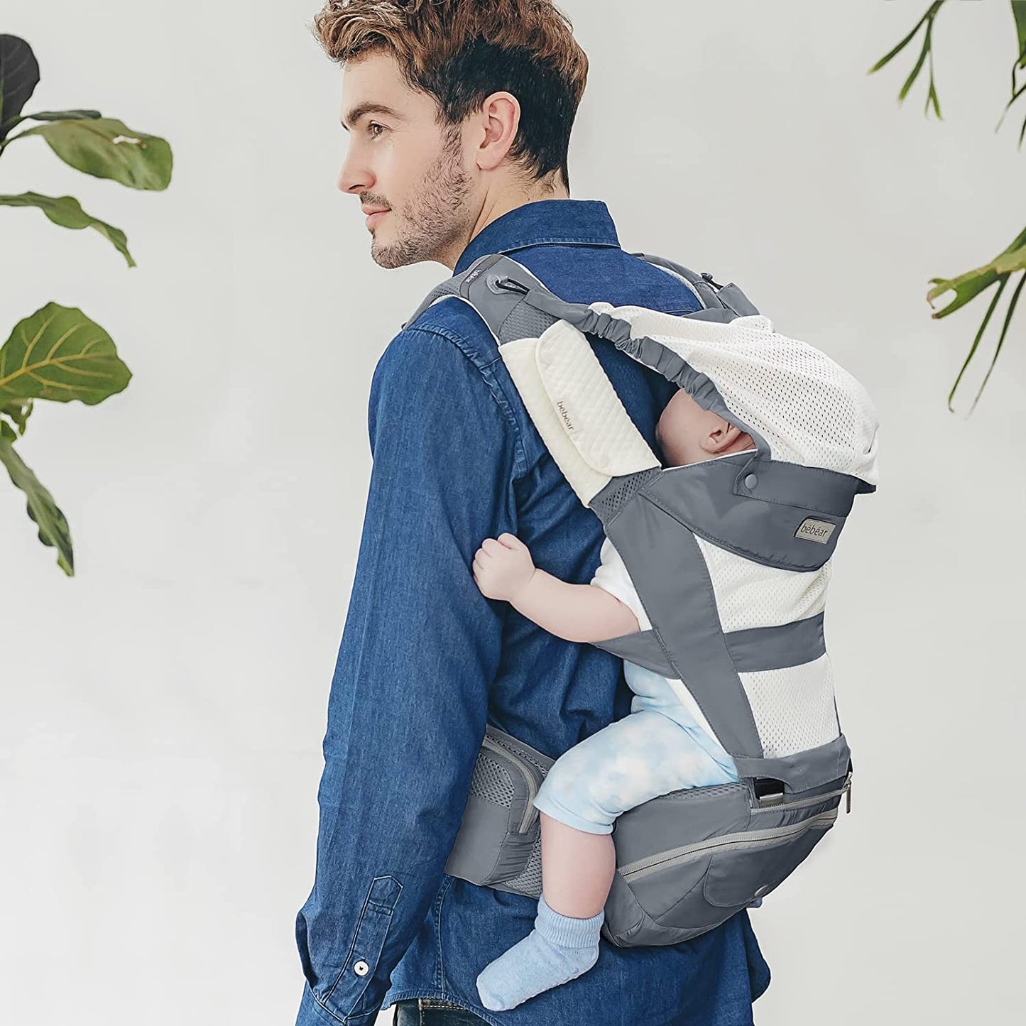 Bebamour - Canguru de Transporte de Bebê - 3 babadores - Dobrável - Air Dreamy Grey