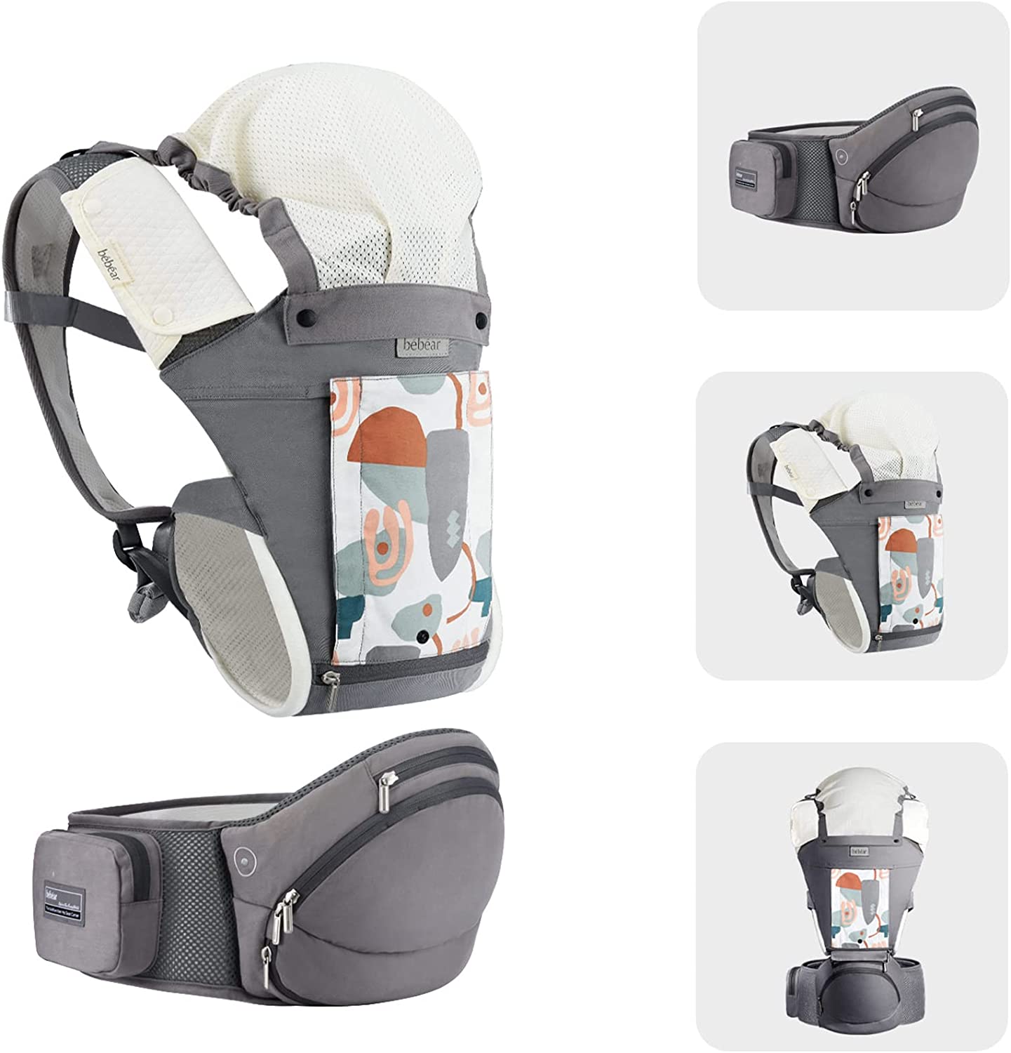 Bebamour de bebê Canguru recém-nascido para criança pequena Porta bebê HipSeat 12 formas de transporte com capuz de cabeça, 2 pçs Canguru (Porta bebê, cinza)