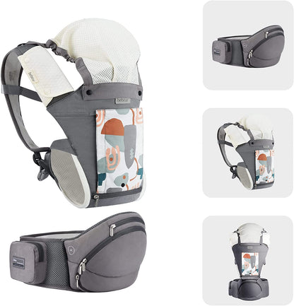 Bebamour de bebê Canguru recém-nascido para criança pequena Porta bebê HipSeat 12 formas de transporte com capuz de cabeça, 2 pçs Canguru (Porta bebê, cinza)