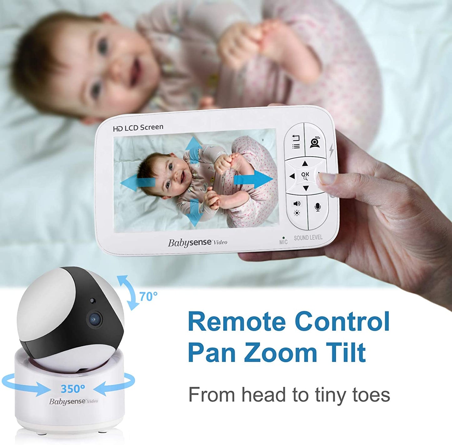 Babysense - Monitor de vídeo para bebês com câmera panorâmica e zoom e tela grande de 5 polegadas