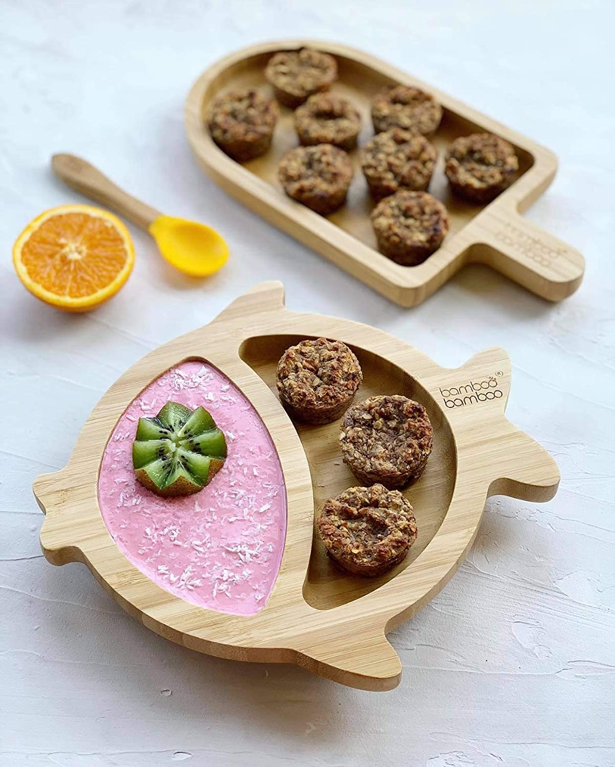 bamboo bamboo Placa de Bambu para Bebês – Crianças e Crianças com Ventosa para Bebês | Não Tóxico | Legal ao toque | Ideal para Baby-Led Weaning (Peixe, Amarela)