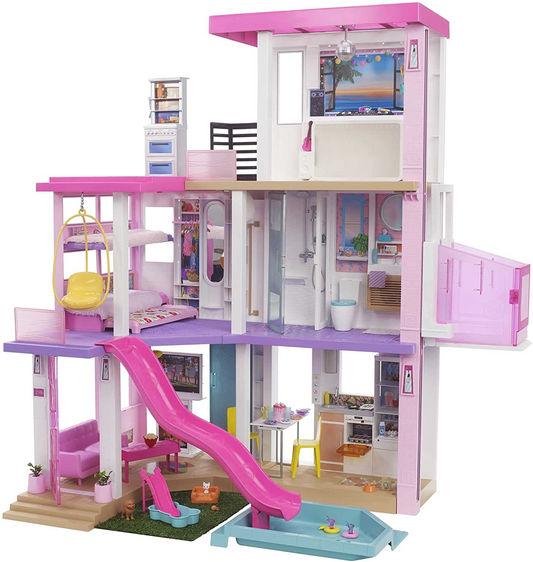 Barbie Dreamhouse Playset de casa de bonecas de 3 andares com piscina e escorregador, salão de festas, elevador