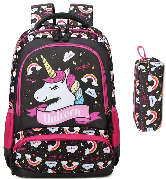 Melsohua - Conjunto de Mochila com Lancheira e Estojo - Unicórnio - Preto/Rosa