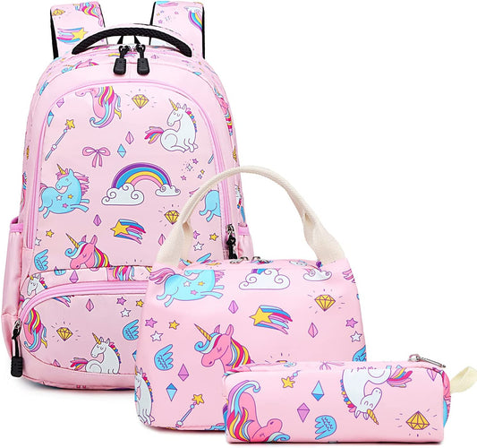 Melsohua - Set Mochila con Lonchera y Estuche - Unicornio - Rosa Claro 