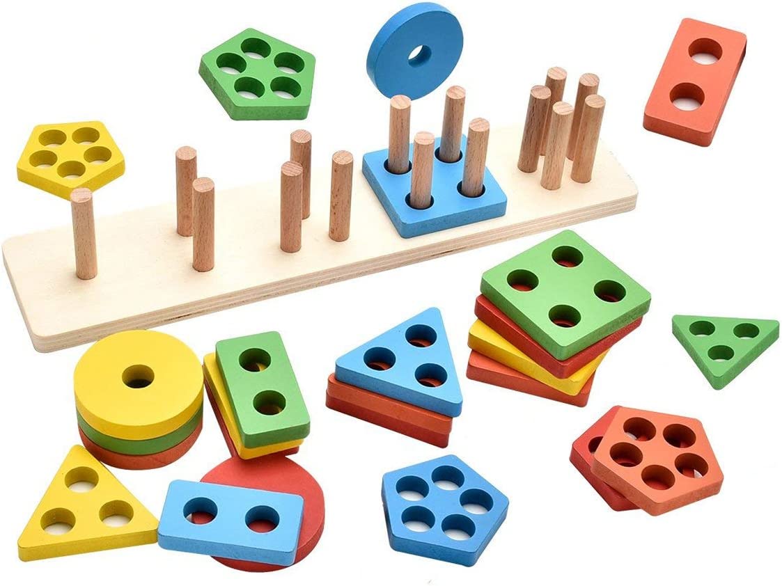 KanCai - Brinquedos Educativos de Madeira Bloco Placa Pilha Formas Geométricas - 1+