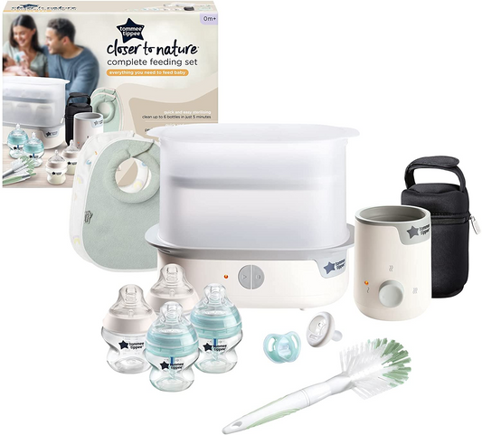 Tommee Tippee Closer to Nature Juego completo de alimentación, esterilizador de vapor eléctrico con bolsa aislante para biberones, biberones para recién nacidos y calentador de biberones Easiwarm, blanco