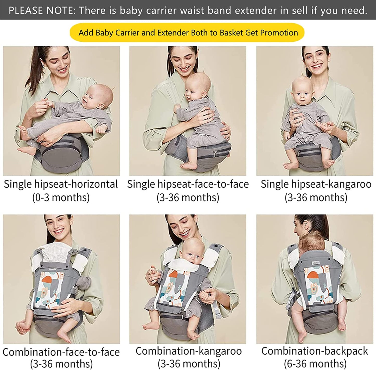 Bebamour bebês - Porta 3-36 meses 6 em 1 Porta-bebês Assento de quadril com capa de cabeça, 3 peças de almofadas para babar (porta-bebês, cinza claro)