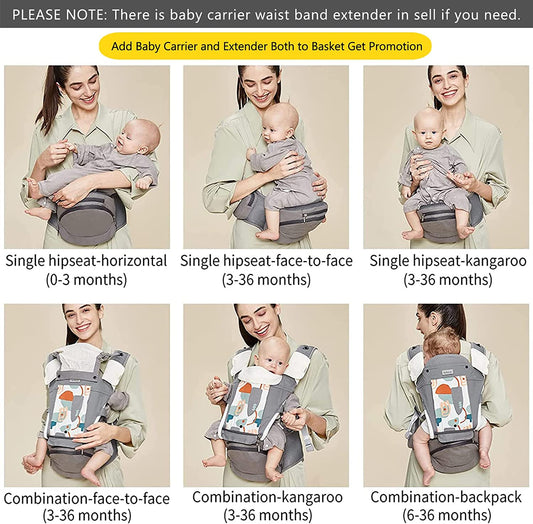 Cochecito Bebamour para Bebé de 3 a 36 Meses, Asiento de Cadera 6 en 1 con Extensor de Cintura, Funda para la Cabeza, Almohadillas para Babear, 3 Piezas (portabebés, Gris)