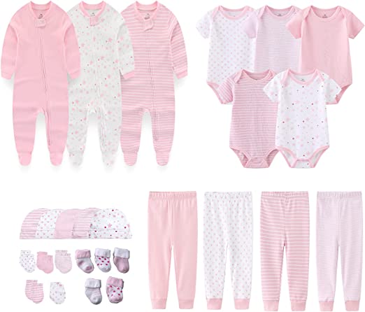 MAMIMAKA recém-nascido de enxoval com presente 27 peças para Conjunto, roupas para bebês, macacões, calças essenciais e acessórios de 0 a 6 meses