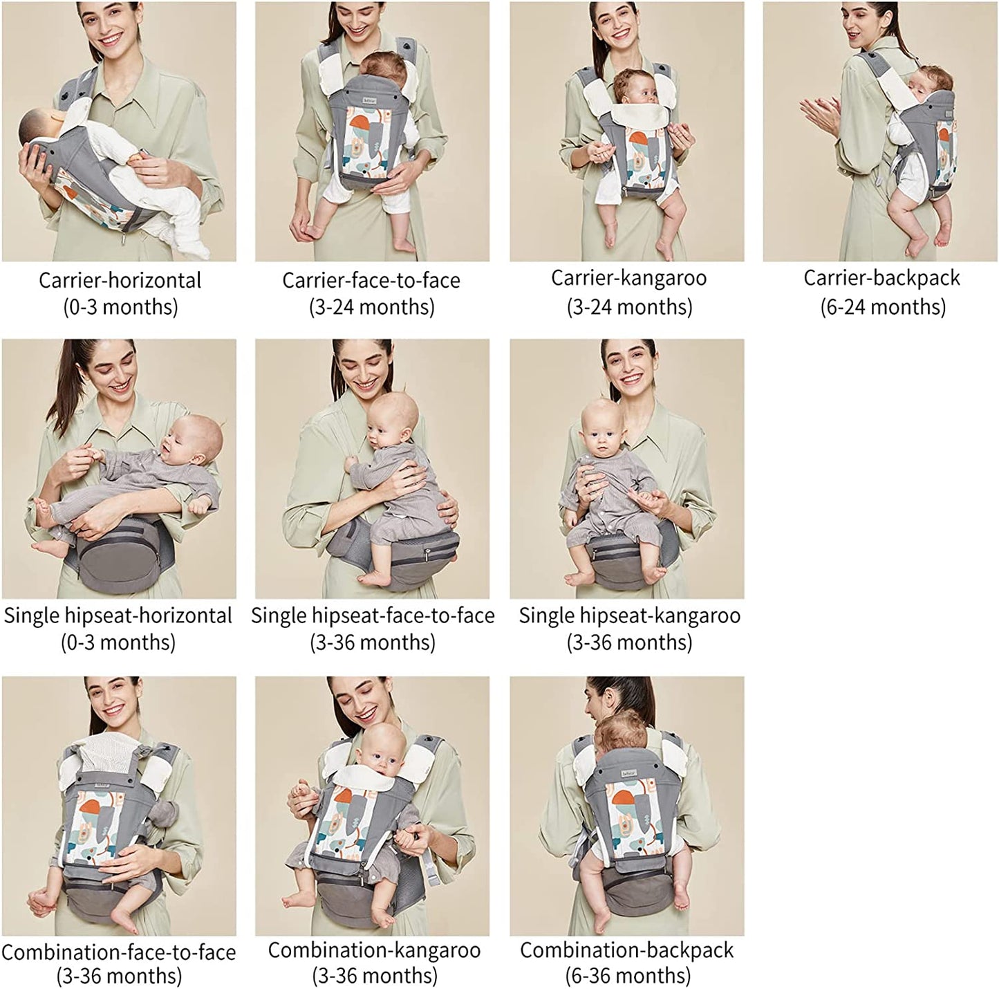 Bebamour de bebê Canguru recém-nascido para criança pequena Porta bebê HipSeat 12 formas de transporte com capuz de cabeça, 2 pçs Canguru (Porta bebê, cinza)
