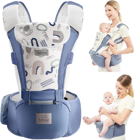 Bebamour bebês Porta 3-36 meses 6 em 1 Porta-bebês Assento de quadril com capa de cabeça, 3 peças de almofadas para babar (porta-bebês, azul ar)