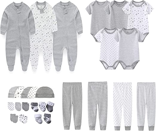 MAMIMAKA recém-nascido de enxoval com presente 27 peças Conjunto para, roupas para bebês, macacões, calças essenciais e acessórios de 0 a 6 meses