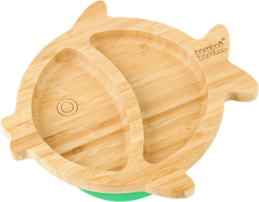 bamboo bamboo Placa de Bambu para Bebês – Crianças e Crianças com Ventosa para Bebês | Não Tóxico | Legal ao toque | Ideal para Baby-Led Weaning (Peixe, Verde)