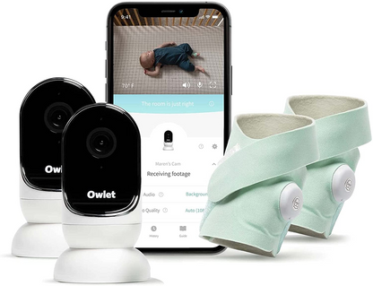 Owlet Monitor Duo Twin Pack - 2 câmeras e 2 meias inteligentes - Baby Monitor com câmera de vídeo HD - Visão noturna e áudio - Rastreie frequência cardíaca, oxigênio e tendências de sono (0-18 meses) - Verde menta