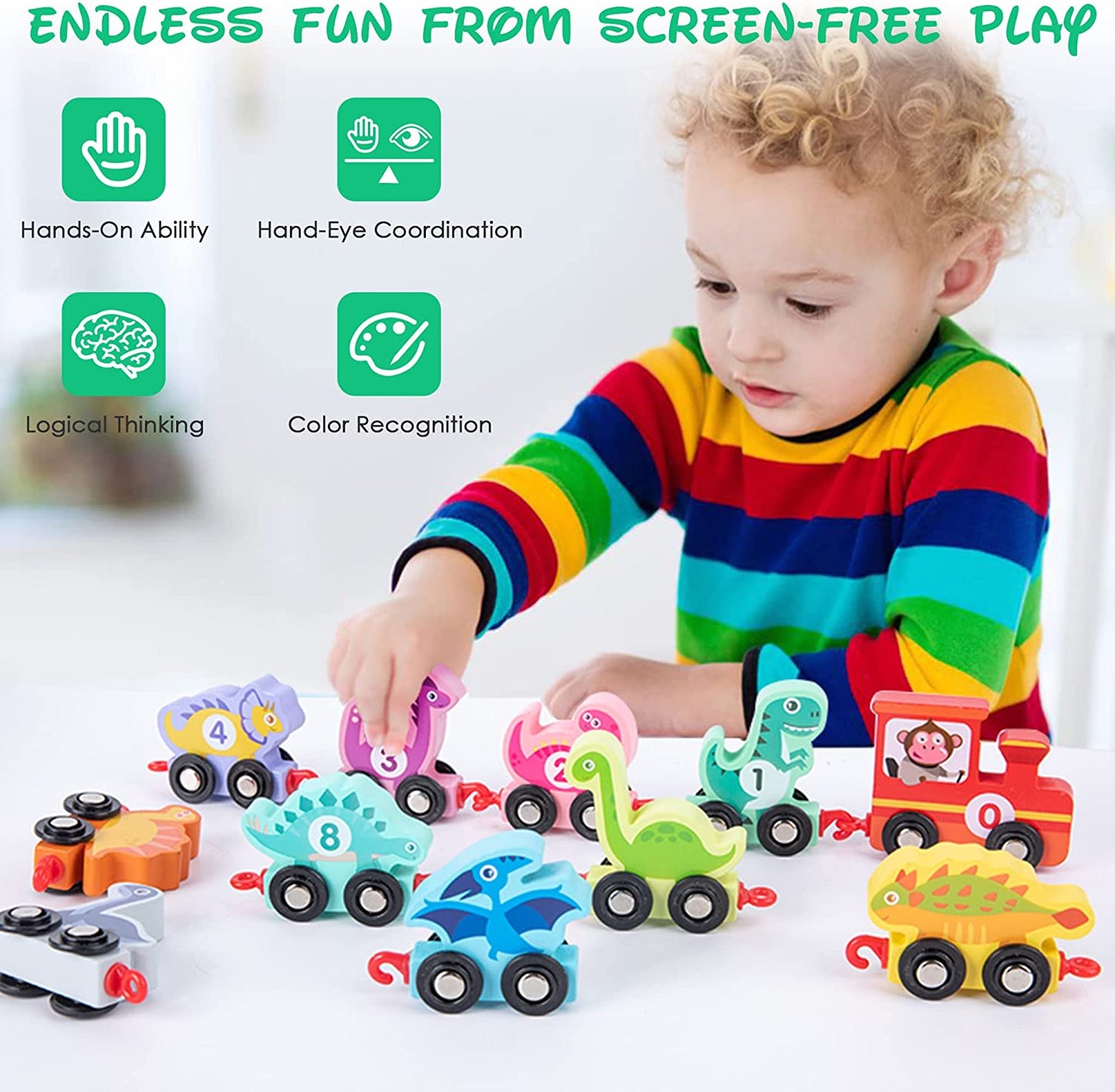 HELLOWOOD - Brinquedo Educativo Trem de Dinossauro de Madeira - 0-10 Números - 2+