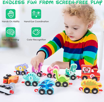 HELLOWOOD - Brinquedo Educativo Trem de Dinossauro de Madeira - 0-10 Números - 2+