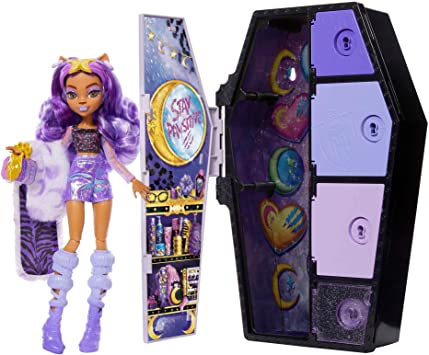 Monster High Boneca de Modae Conjunto , Clawdeen Wolf, Skulltimate Secrets: Fearidescent Series, Dress-Up Locker com 19+ Acessórios, HNF74