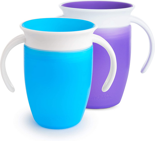 Munchkin Miracle 360 ​​​​Vaso, Vaso y Sippy para Bebé, Vaso Ideal para Sippy, Vaso para Agua y Destete de 6+ a 12 Meses, 207 ml, Azul y Morado, Paquete de 2 con Ventosas para Colocación, Paquete de 3, Azul/Verde /púrpura