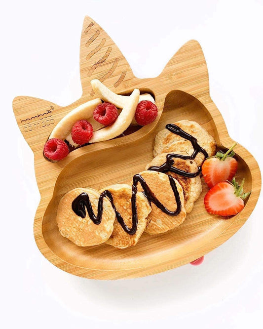 Plato de bambú para bebé para niños y plato de bambú con ventosa para bebés y niños pequeños, ideal para el destete dirigido por el bebé (unicornio lila)