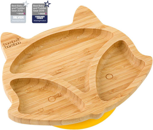bamboo bamboo Placa de Bambu para Bebês – Crianças e Crianças com Ventosa para Bebês | Não Tóxico | Legal ao toque | Ideal para Baby-Led Weaning (Fox, Amarela)