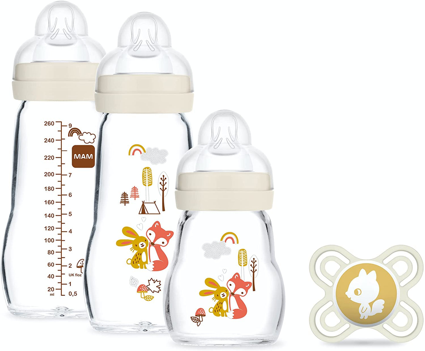 MAM Kit de Mamadeiras em Vidro ( 3x Mamadeiras + 1 chupeta ) - Desenhos podem variar