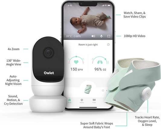 Owlet Monitor Duo - Cam e Smart Sock 3 - Baby Monitor com Câmera de Vídeo HD - Visão Noturna e Áudio - Rastreie Frequência Cardíaca, Oxigênio e Tendências do Sono (0 a 18 meses)