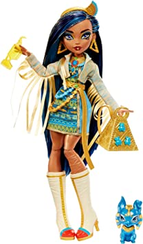 Monster High Doll, Cleo De Nile com Acessórios e Cachorro de Estimação, Boneca Fashion Posável com Cabelo Mechas Azul, HHK54