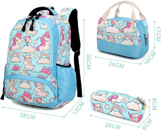 Melsohua - Set Mochila con Lonchera y Estuche - Unicornio - Azul 