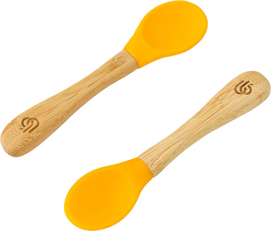 Cucharas de destete para bebés de bambú de bambú - Cucharas de bambú con puntas de silicona curvadas suaves para niños y bebés | Puntas de silicona extraíbles | Utensilios ideales para el destete del bebé (juego de 2, Amarillo)