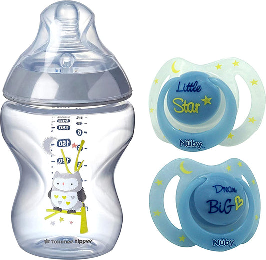 Tommee Tippee e Nuby - Mamadeira Anti-cólica - 260 ml com Chupetas Ortodônticas - Kit 3 peças - 0-6 meses - Azul