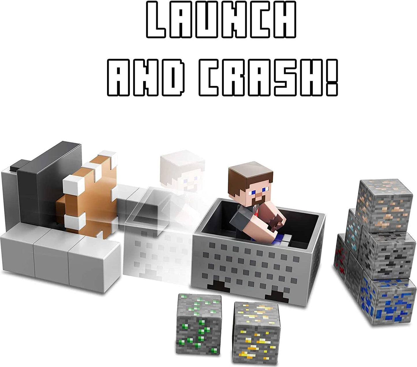 Minecraft Minecart Mayhem Playset com figura de personagem Steve, carrinho de lançamento e acessórios, jogo de criação, exploração e sobrevivência para crianças de 6 anos ou mais