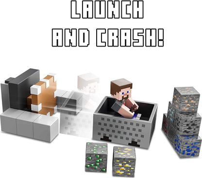 Minecraft Minecart Mayhem Playset com figura de personagem Steve, carrinho de lançamento e acessórios, jogo de criação, exploração e sobrevivência para crianças de 6 anos ou mais