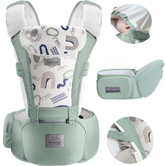 Bebamour bebês-Porta 3-36 meses 6 em 1 Porta-bebês Assento de quadril com capa de cabeça, 3 peças de almofadas para babar (porta-bebês, verde ar)