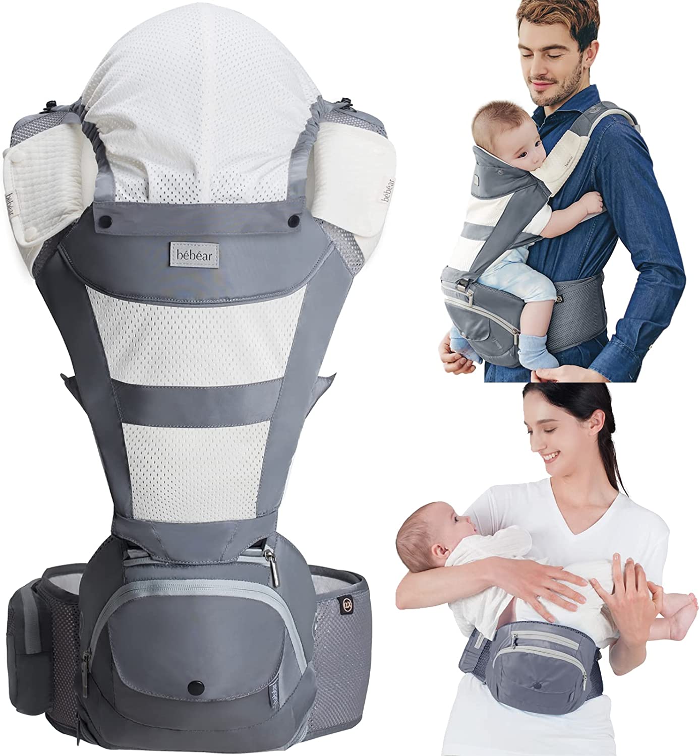 Bebamour - Canguru de Transporte de Bebê - 3 babadores - Dobrável - Air Dreamy Grey