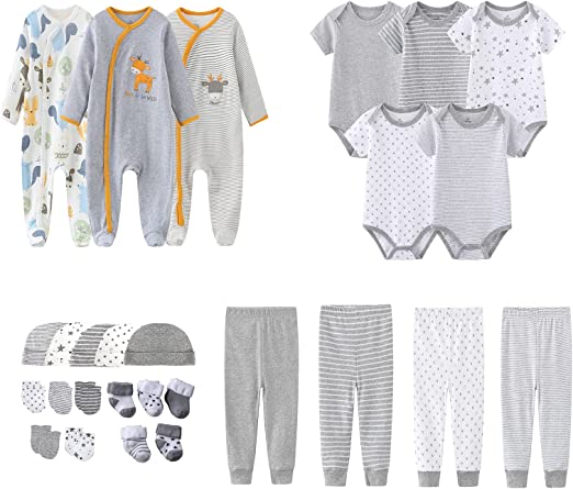MAMIMAKA recém-nascido de enxoval com para presente 27 peças Conjunto, roupas para bebês, macacões, calças essenciais e acessórios de 0 a 6 meses