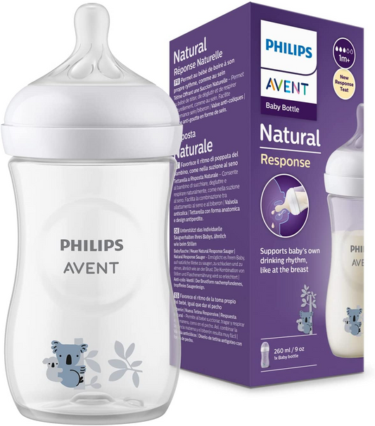Philips Avent natural Mamadeira de resposta - mamadeira de leite de 260 ml, livre de BPA para bebês de 1 mês ou mais, padrão de coala (modelo SCY903/67)