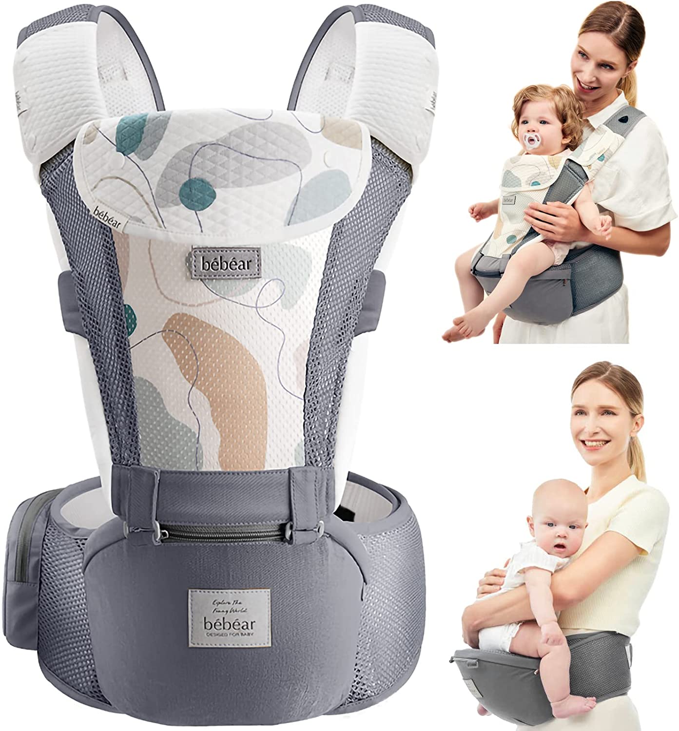 Bebamour bebês - Porta 3-36 meses 6 em 1 Porta-bebês Assento de quadril com capa de cabeça, 3 peças de almofadas para babar (porta-bebês, cinza claro)