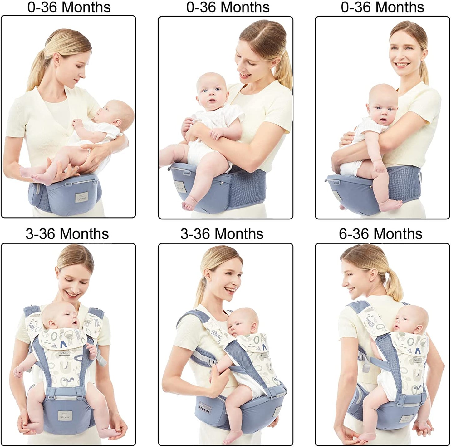 Bebamour Canguru 3-36 meses 6 em 1 assento de quadril com 3 almofadas para babar (porta bebê, cinza)