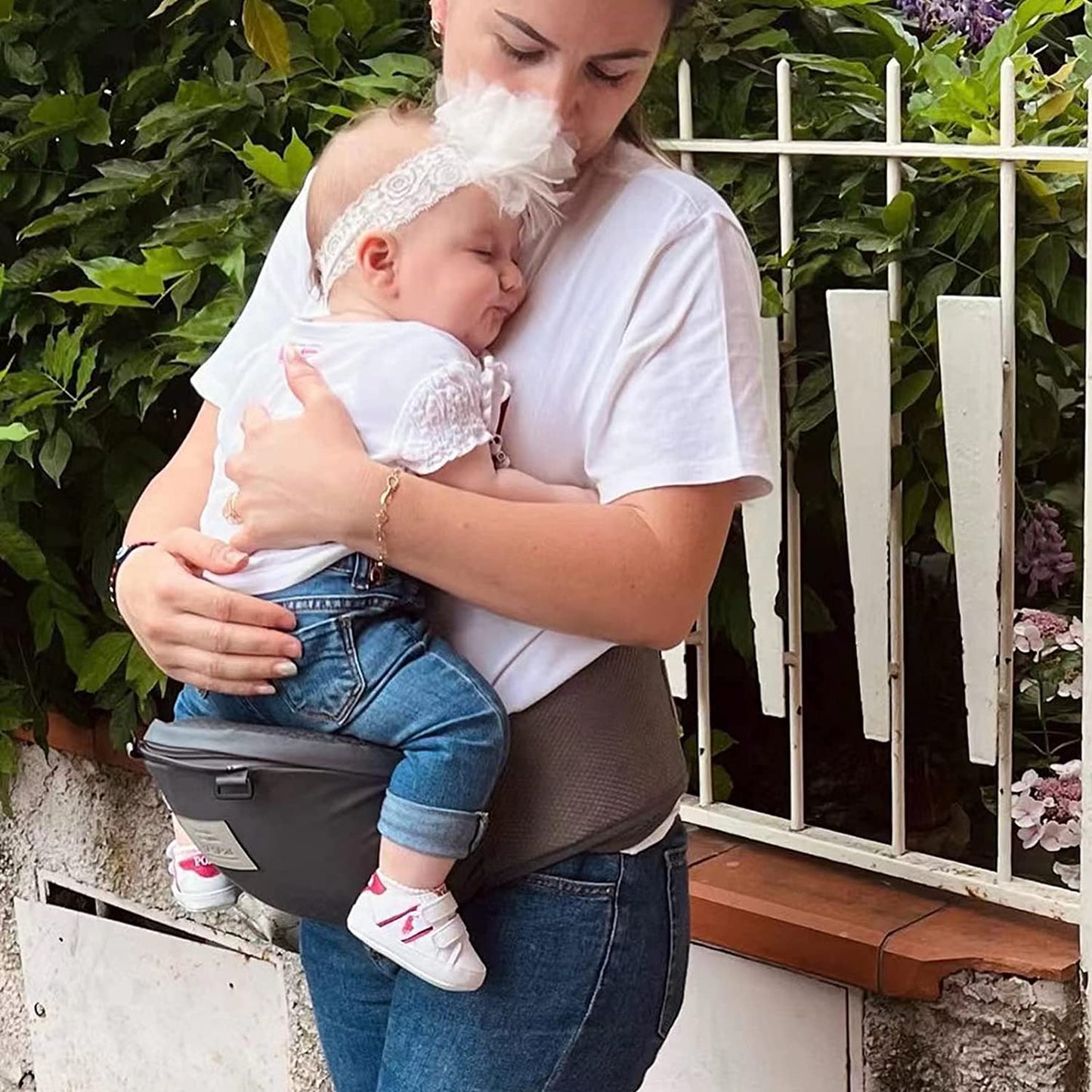 Bebamour bebês - Porta 3-36 meses 6 em 1 Porta-bebês Assento de quadril com capa de cabeça, 3 peças de almofadas para babar (porta-bebê, azul denium)