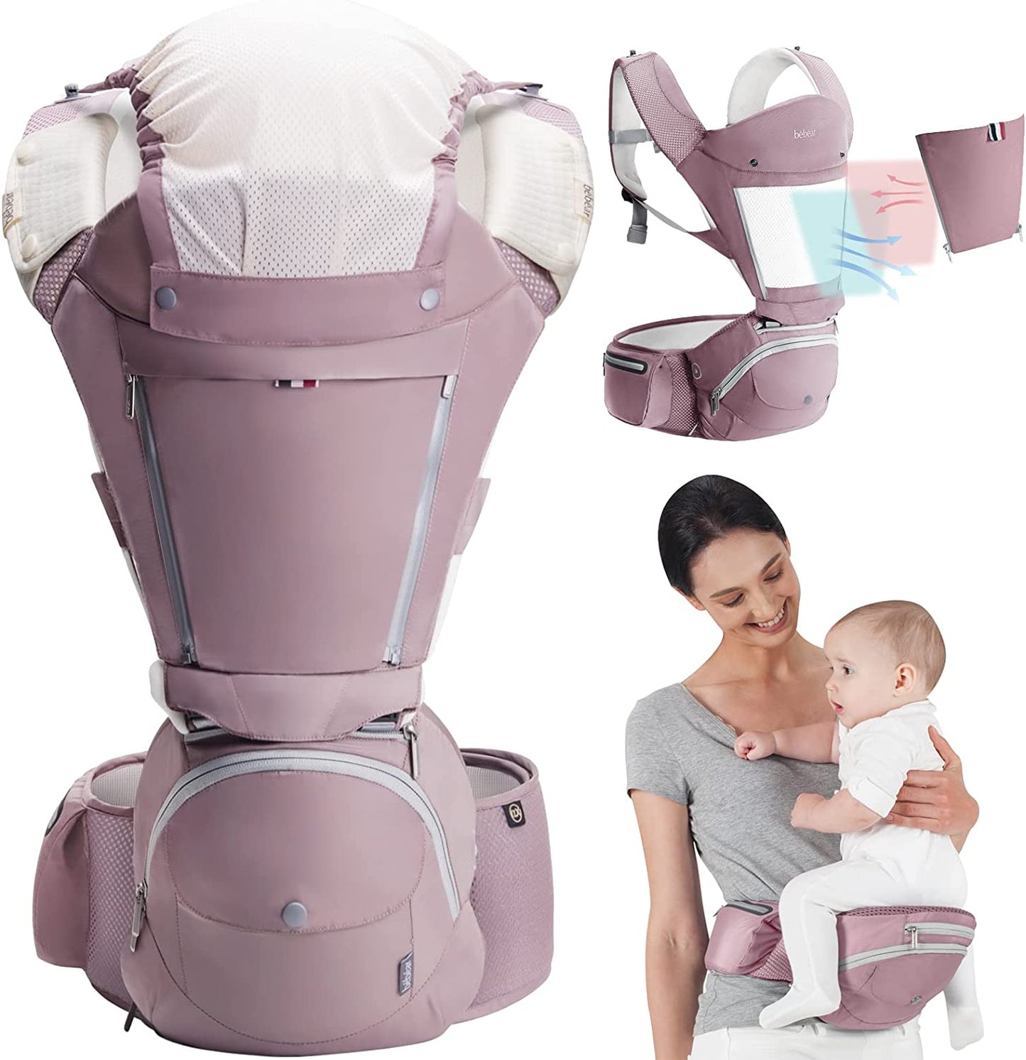 Bebamour - Canguru de Transporte de Bebê - 3 babadores - Dobrável - Air Pink