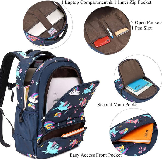 Melsohua - Set Mochila con Lonchera y Estuche - Unicornio - Azul Marino 