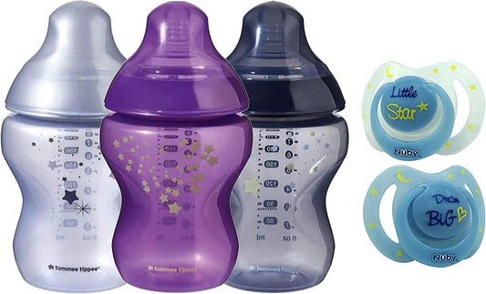 Tommee Tippee e Nuby - Mamadeira Anti-cólica - 260 ml com Chupetas Ortodônticas - Kit 5 peças - 0-6 meses - Midnight Skies