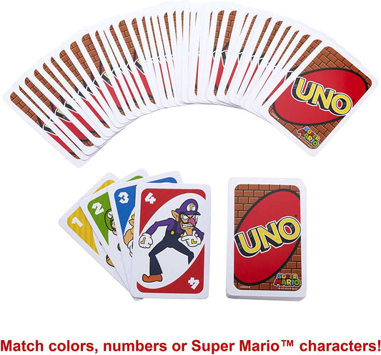 UNO Super Mario Card Game Animated Character Collector Deck 112 Cards com imagens de personagens, presente para crianças de 7 anos de idade e acima, DRD00
