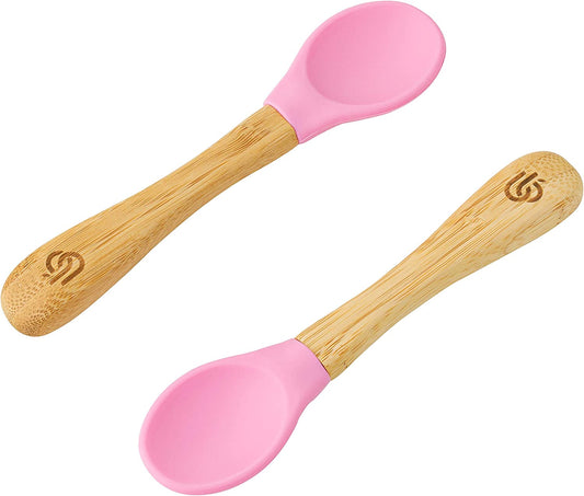 bambú bambú Cucharas de bambú con puntas de silicona suaves y curvadas (juego de 2, rosa)