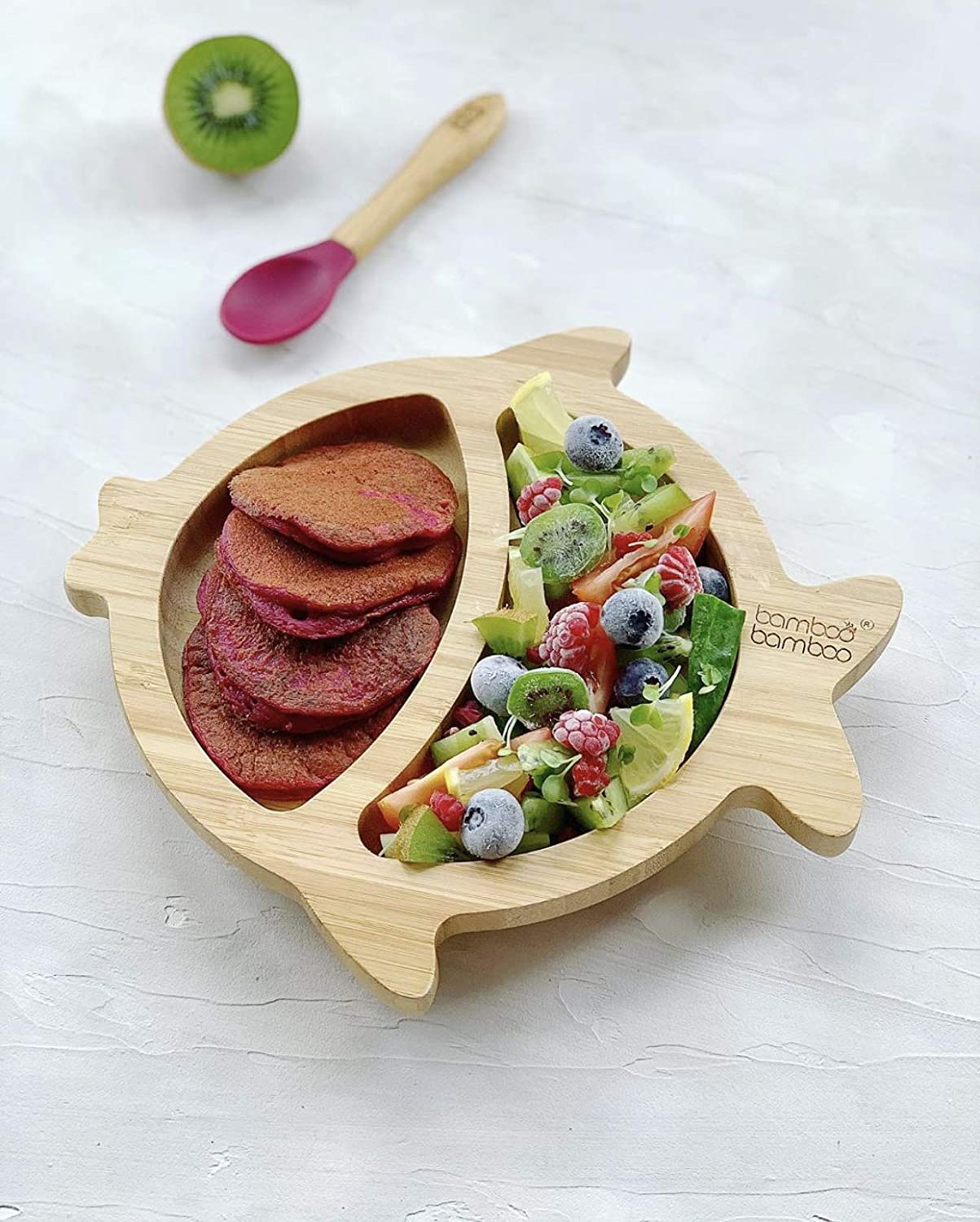 bamboo bamboo Placa de Bambu para Bebês – Crianças e Crianças com Ventosa para Bebês | Não Tóxico | Legal ao toque | Ideal para Baby-Led Weaning (Peixe, Amarela)