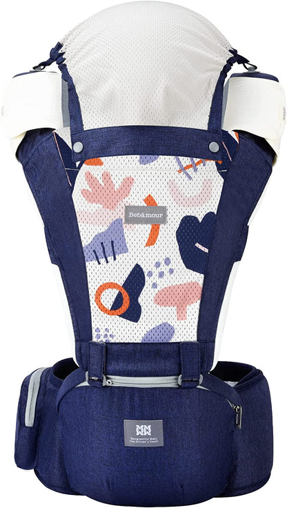 Bebamour bebês - Porta 3-36 meses 6 em 1 Porta-bebês Assento de quadril com capa de cabeça, 3 peças de almofadas para babar (porta-bebê, azul denium)